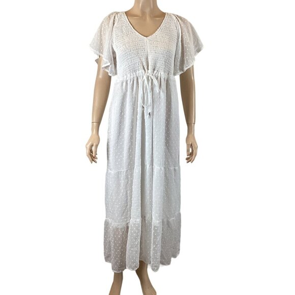 5 For $25 NWT Boho Chic White Maxi‎ Dress Size Medium Flutter Sleeves & Smocked - Picture 1 of 8